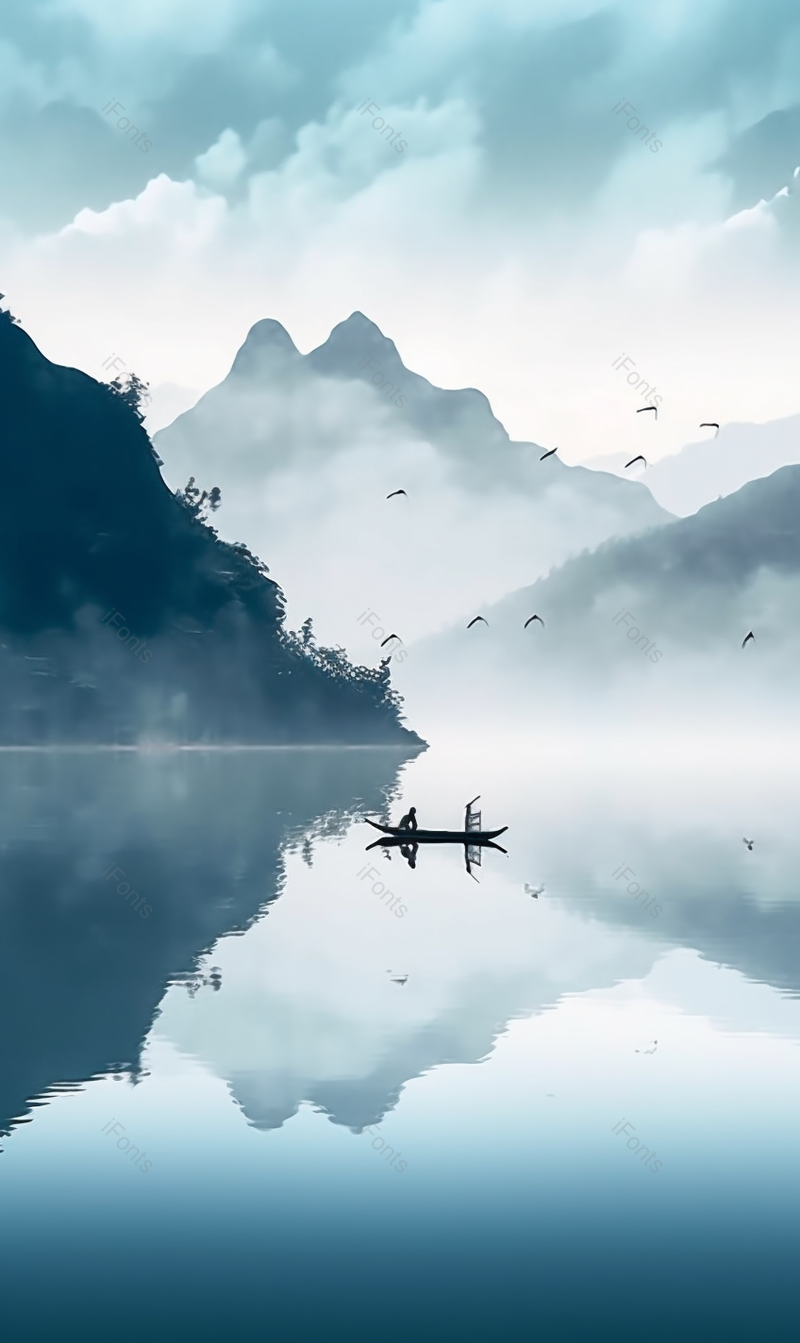 蓝天浓雾山水飞鸟一叶偏舟水面倒影,插画/手绘图,插画/手绘图库,插画/手绘图下载,插画/手绘